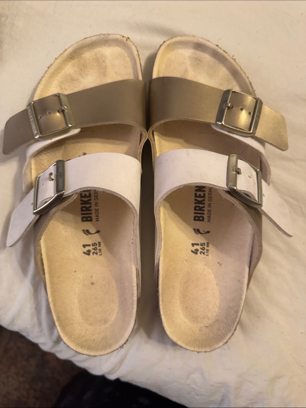 Birkenstock Arizona Sandals in White and Gold-Tone